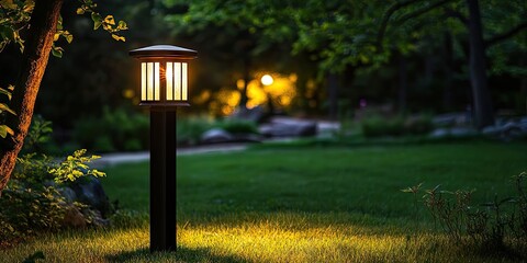 Poster - Garden pathway illuminated by a vintage lamp post at night surrounded by lush green grass and trees with warm glowing light in the background.