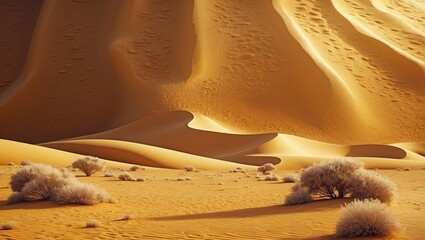 Wall Mural - desert landscape with golden sand dunes and sparse vegetation under natural light conditions
