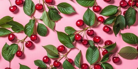 Aufkleber - Vibrant red cherries nestled among lush green leaves on a soft pink backdrop creating an abstract flat lay arrangement with ample copy space