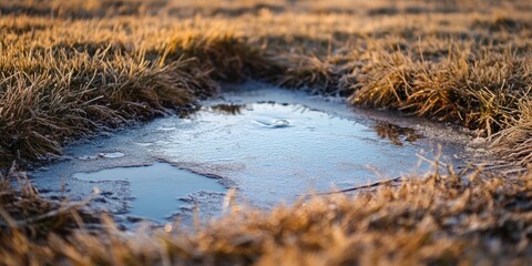 Fototapete - Frozen puddle surrounded by tall dry grass in a serene landscape under soft warm sunlight creating a tranquil outdoor scene.