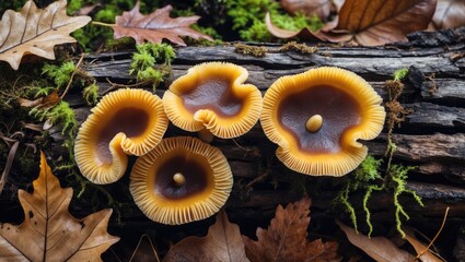 Wall Mural - mushrooms growing on a log surrounded by autumn leaves and green moss in a forest setting with a foc