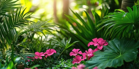 Fototapete - Vibrant green foliage with deep pink flowers in a serene garden setting, sunlight filtering through lush plants, creating a tranquil natural space.
