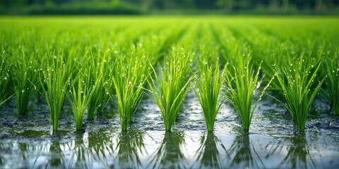 Aufkleber - Lush green rice field with vibrant plants in rows, dewdrops glistening on blades, reflecting in water under soft sunlight in a serene landscape.