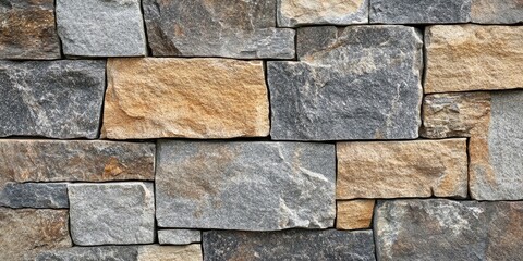 Aufkleber - Textured stone wall featuring irregularly shaped gray and beige granite stones arranged in a classic pattern with earthy tones and natural color variations.