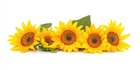 Leinwandbilder - Vibrant yellow sunflowers arranged horizontally against a bright white background with green leaves, showcasing their unique beauty and elegance.