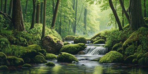 Fototapete - Lush green forest with vibrant moss-covered stones and a gentle stream flowing through, creating a tranquil and serene natural landscape.