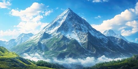 Aufkleber - Majestic snow-capped mountain towering over lush green valleys under a clear blue sky with fluffy clouds enhancing natural scenery and tranquility