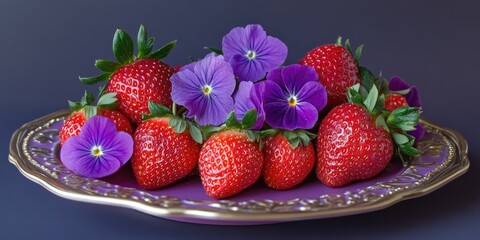 Poster - Vibrant strawberries arranged with purple flowers on a decorative violet plate against a dark background showcasing rich red and purple hues