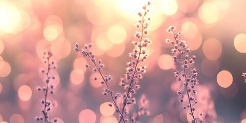 Poster - Delicate pink flowers softly blurred in a dreamy bokeh background with warm golden light creating a serene and peaceful atmosphere.