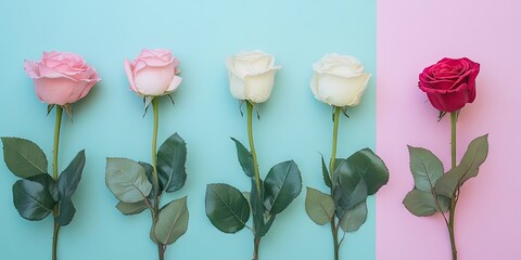 Fototapete - Colorful arrangement of four roses in soft pink, white, and red against a pastel blue and pink background with green leaves elegantly displayed.