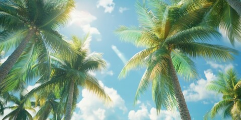 Poster - Lush tropical palm trees with vibrant green fronds against a bright blue sky dotted with fluffy white clouds, capturing a serene summer vibe.