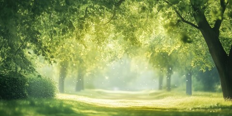 Fototapete - Serene morning light filters through lush green trees creating a vibrant park setting with soft blurred foliage and a peaceful natural atmosphere