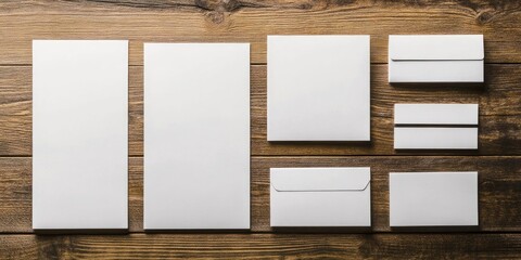 Poster - Blank corporate stationery collection arranged neatly on a wooden table featuring two large and five small white paper items for branding design purposes