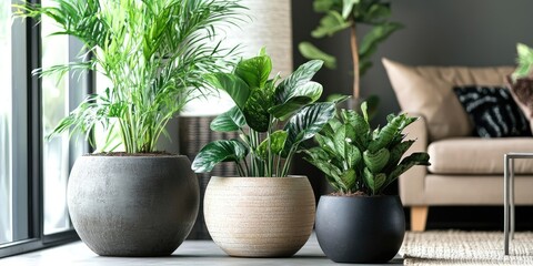 Poster - Elegant indoor plants in stylish pots positioned on a light floor, featuring lush green foliage and a cozy modern living space background.