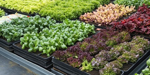 Aufkleber - Vibrant green and purple lettuce varieties arranged in neat rows on trays inside a greenhouse with natural lighting creating a fresh ambiance.