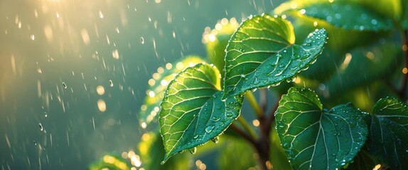 Wall Mural - close-up of fresh green leaves with droplets of water under soft sunlight and a blurred background o