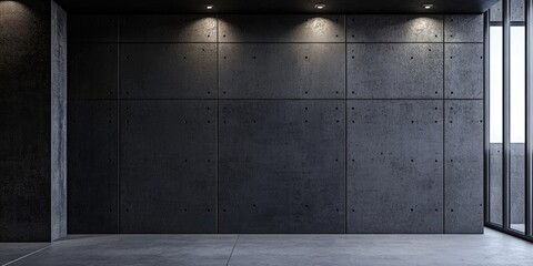 Fototapete - Panoramic view of a dark gray concrete wall with a smooth and textured surface illuminated by recessed lights, showcasing an industrial loft aesthetic