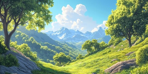 Aufkleber - Tranquil mountain landscape with lush green valleys and towering snow-capped peaks under a bright blue sky with fluffy white clouds.