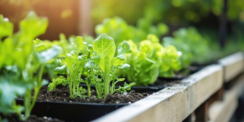 Poster - Fresh green lettuce seedlings growing in wooden planters under soft sunlight with blurred background of vibrant garden foliage.