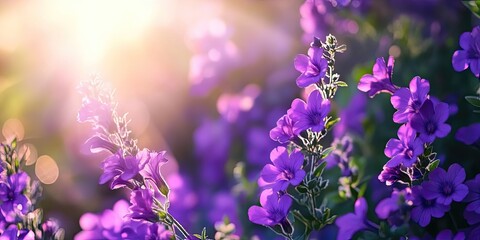 Poster - Vibrant purple flowers in soft sunlight with a blurred green background highlighting their delicate petals and creating a serene atmosphere.