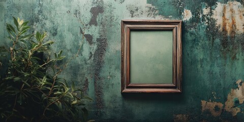 Poster - Vintage wooden picture frame on green textured wall with peeling paint; lush leafy plant positioned on the left side for an artistic touch.