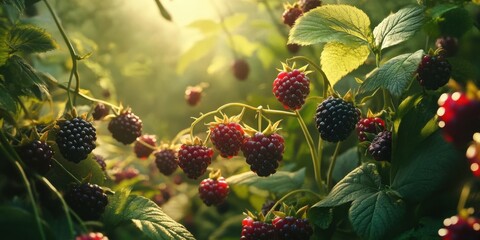 Fototapete - Vibrant blackberry crop with rich green leaves and ripe berries in sunlight, showcasing lush brambleberry growth in a stunning visually pleasing setting