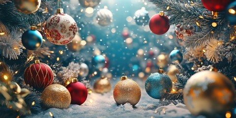 Poster - Colorful Christmas and New Year decorations featuring red blue and gold ornaments hanging on snow-covered evergreen branches in a festive atmosphere