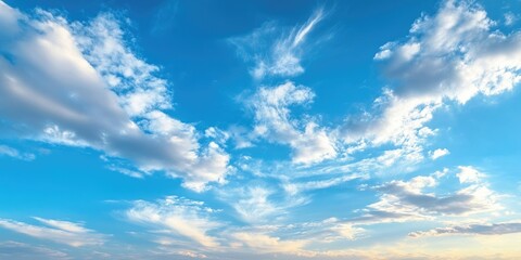 Poster - Serene morning sky with fluffy white clouds scattered against a vibrant blue backdrop, creating a calm and uplifting atmosphere of a new day.