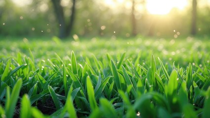 Wall Mural - fresh green grass with morning dew illuminated by sunlight in a peaceful outdoor setting. natural ba