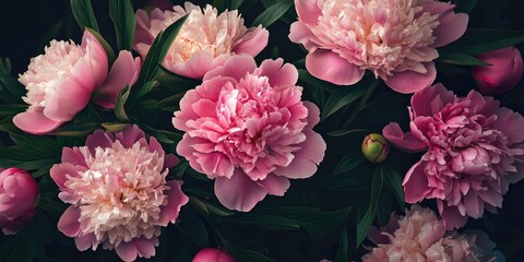 Poster - Lush arrangement of pink peony blooms with soft petals and green leaves on dark background creating an elegant floral composition