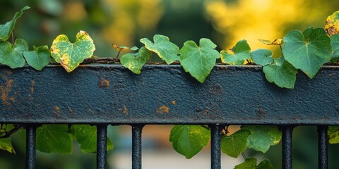 Leinwandbilder - Vibrant green heart-shaped vine leaves draping over a rustic weathered iron fence accented by warm golden sunlight creating a natural aesthetic backdrop