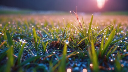 Wall Mural - close-up of dew-covered grass blades in soft morning light with a blurred background and subtle boke