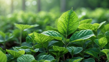 Wall Mural - close-up of vibrant green leaves in a lush garden with soft sunlight filtering through trees creatin