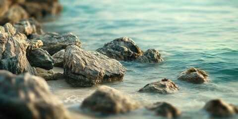 Poster - Serene rocky seashore with selective focus on textured stones in the foreground and soft blurred water in tranquil blue hues at sunset.