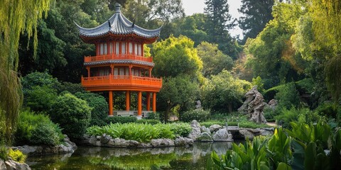 Aufkleber - Serene Asian garden with ornate pagoda in vibrant orange, surrounded by lush greenery and tranquil water reflecting nature's beauty.