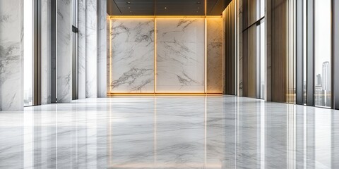 Fototapete - Modern interior view of an empty marble floor space with sleek white marble surfaces and warm golden lighting creating an elegant ambiance
