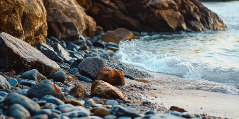 Aufkleber - Rocky seashore with textured stones in shades of gray and brown, gentle waves lapping at the sandy shore in a serene coastal setting