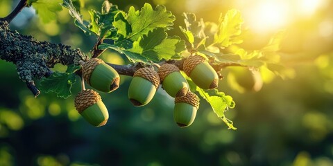 Poster - Green acorns nestled among vibrant green oak leaves on a branch, illuminated by warm sunlight, symbolize nature's growth and vitality.