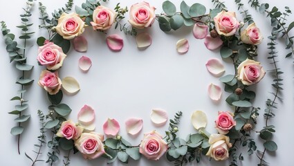 Wall Mural - Floral arrangement with pink roses and eucalyptus leaves on white background with scattered petals