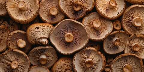 Poster - Close-up of assorted mushroom caps displaying earthy brown tones and intricate textures stacked densely in a natural arrangement for design use