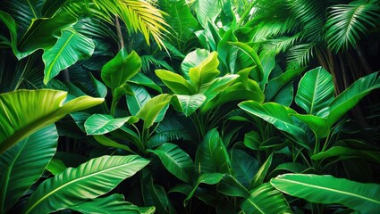 Wall Mural - tropical lush green foliage with various large leaves illuminated by natural light in a dense rainfo