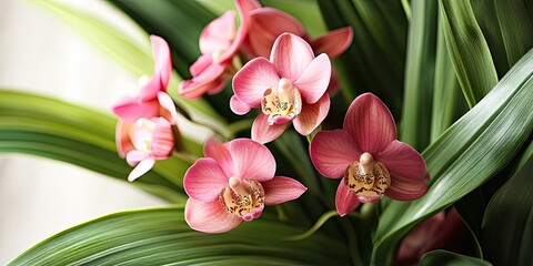 Aufkleber - Pink orchids with intricate details among vibrant green leaves, showcasing natural beauty and elegance in a softly lit setting.