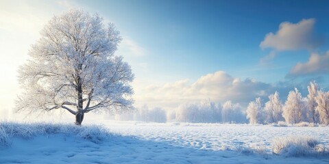 Aufkleber - Serene winter landscape featuring a frosted tree against a clear blue sky with soft clouds highlighting a tranquil snowy field in the foreground.