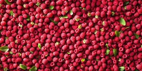 Poster - Vibrant red raspberries arranged densely with green leaves accents filling the entire frame creating a nutritious organic fruit backdrop