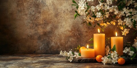 Aufkleber - Scented candles in warm yellow colors with orange blossoms arranged on a rustic brown backdrop creating a cozy and inviting atmosphere.