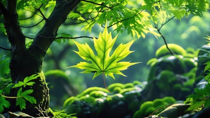 Wall Mural - close-up of vibrant green maple leaf surrounded by lush foliage and sunlight filtering through trees