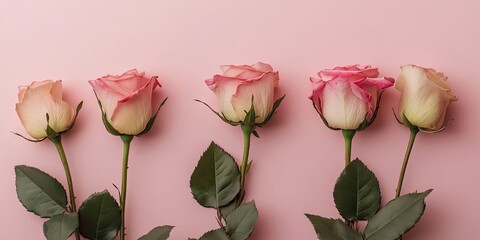 Aufkleber - Delicate pink roses with green leaves arranged symmetrically on a soft pink background showcasing their elegant blooms and gentle curves