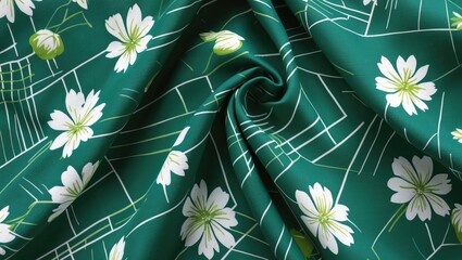 Wall Mural - Modern green and blue fabric featuring white floral prints and geometric lines creating a stylish and contemporary background texture pattern