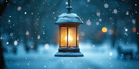 Aufkleber - serene lantern glowing warmly in snowy park at night glistening with falling snowflakes under blueis