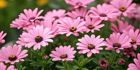 Aufkleber - Bright pink daisies with dark centers densely clustered in a lush green garden setting, showcasing vibrant spring floral beauty and natural charm.